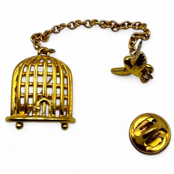 Vintage MONET Bird with Cage Brooch Gold Tone Chain Pin Signed - Picture 3 of 7